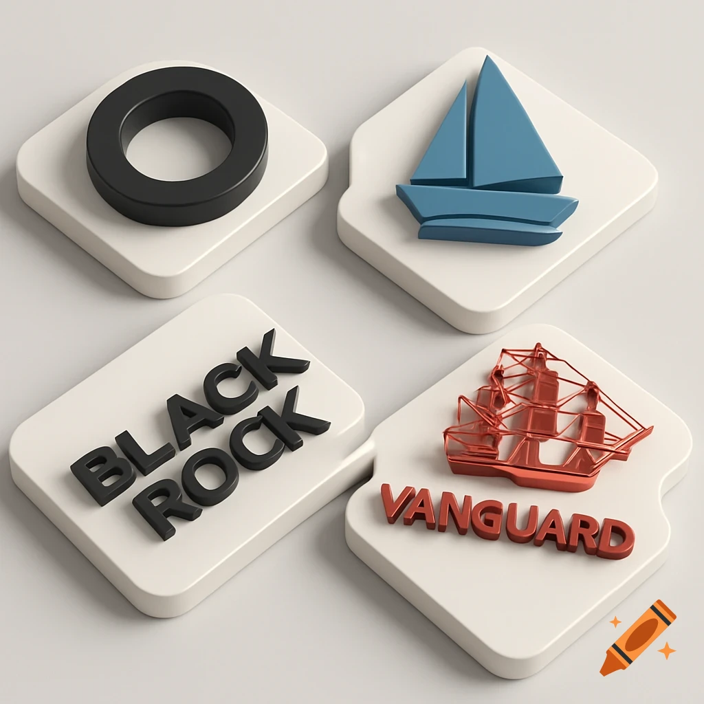 3D render of icons on platforms: a black ring, a blue sailboat, and red wireframe ship, and text reading 'BLACK ROCK' and 'VANGUARD'.