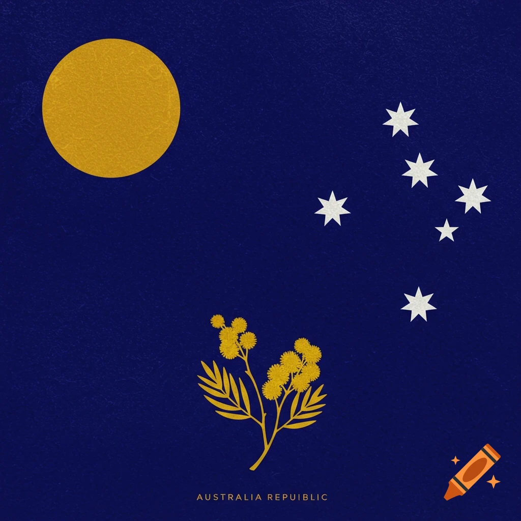 Design for a proposed Australian flag featuring a golden circle, the Southern Cross stars, and a golden wattle branch on a blue background.