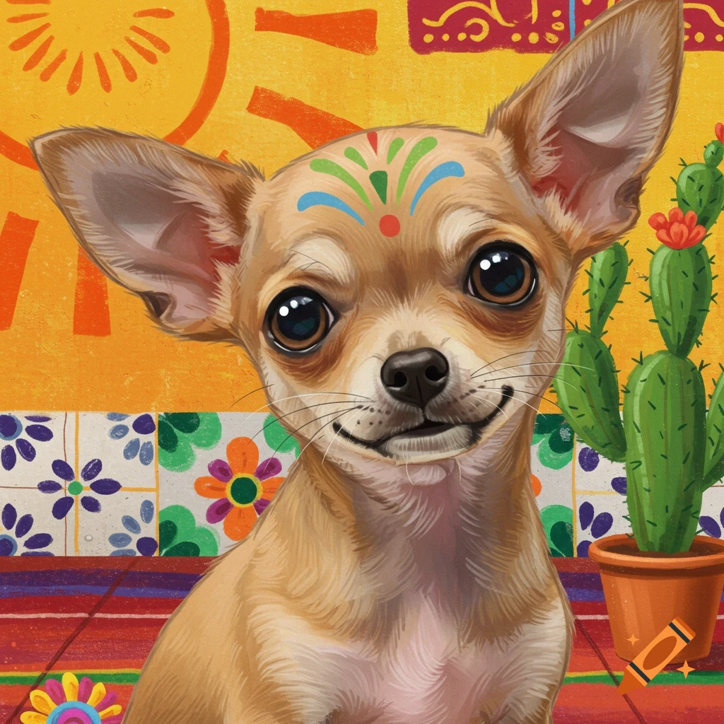 Chihuahua puppy with colorful face paint in front of tiled wall and cactus, illustration.