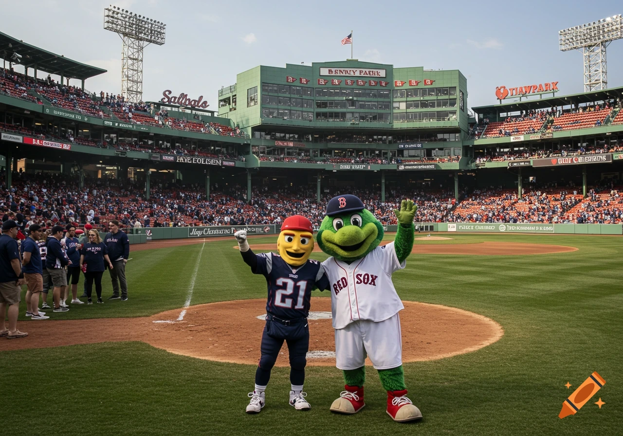 Two mascots in Red Sox and Patriots uniforms wave on a baseball field in front of a crowded stadium.