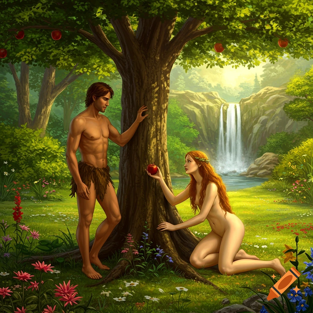 Adam and Eve in a lush garden with a waterfall, Eve offering an apple from a tree.