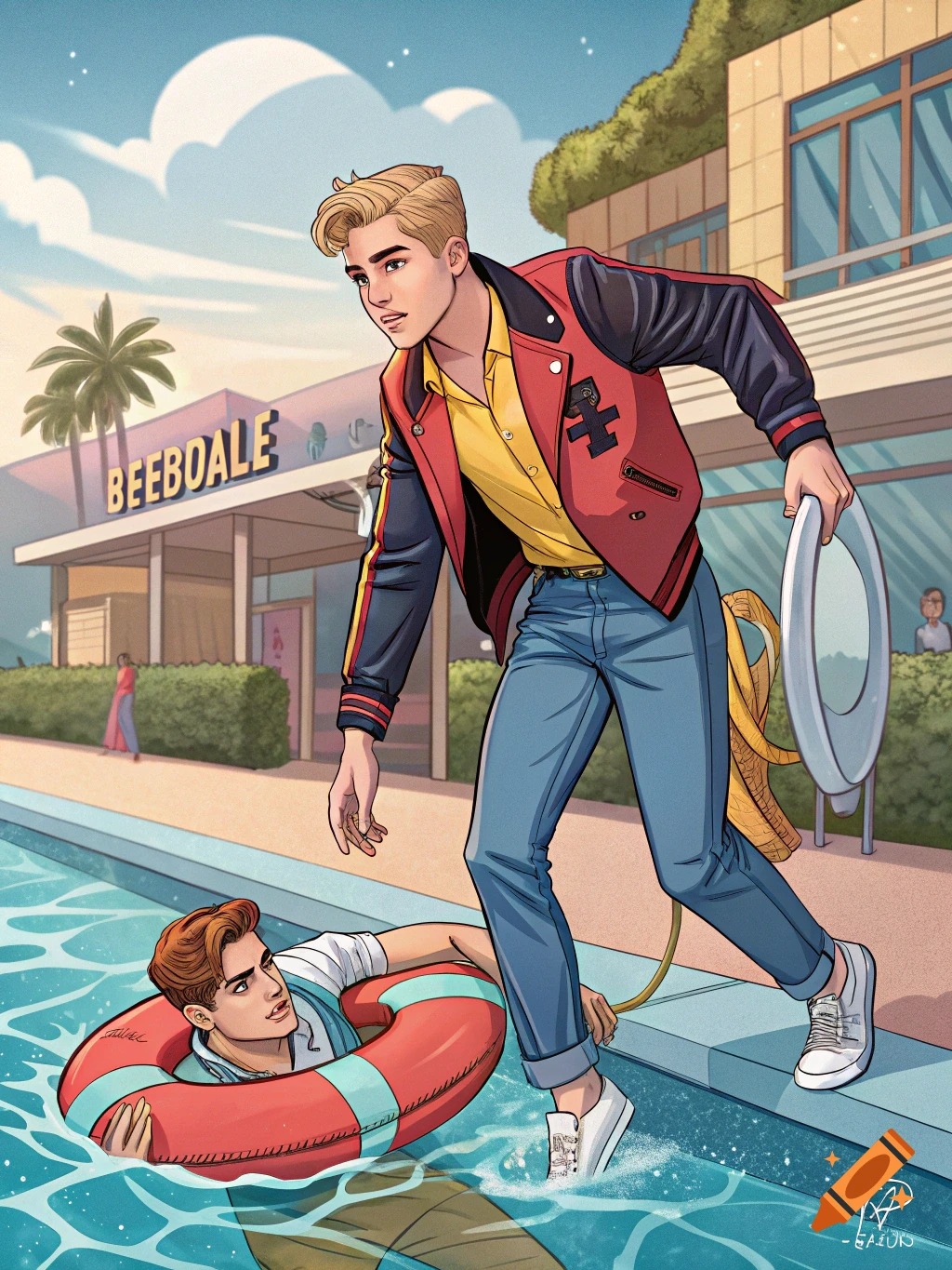 Two young men at a pool, one in a lifebuoy in the water and the other standing on the edge, retro comic art style.