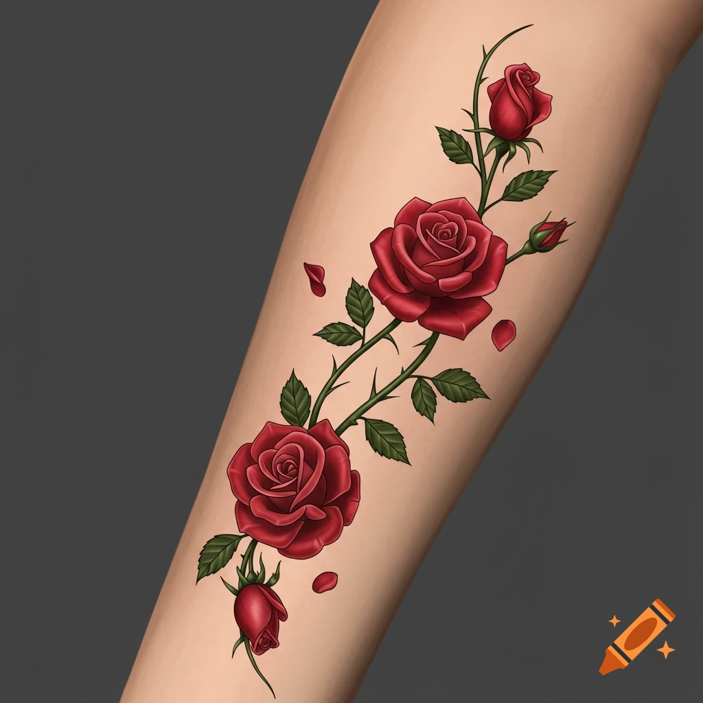 A vibrant tattoo of a vine with red roses and green leaves wrapped around an arm.