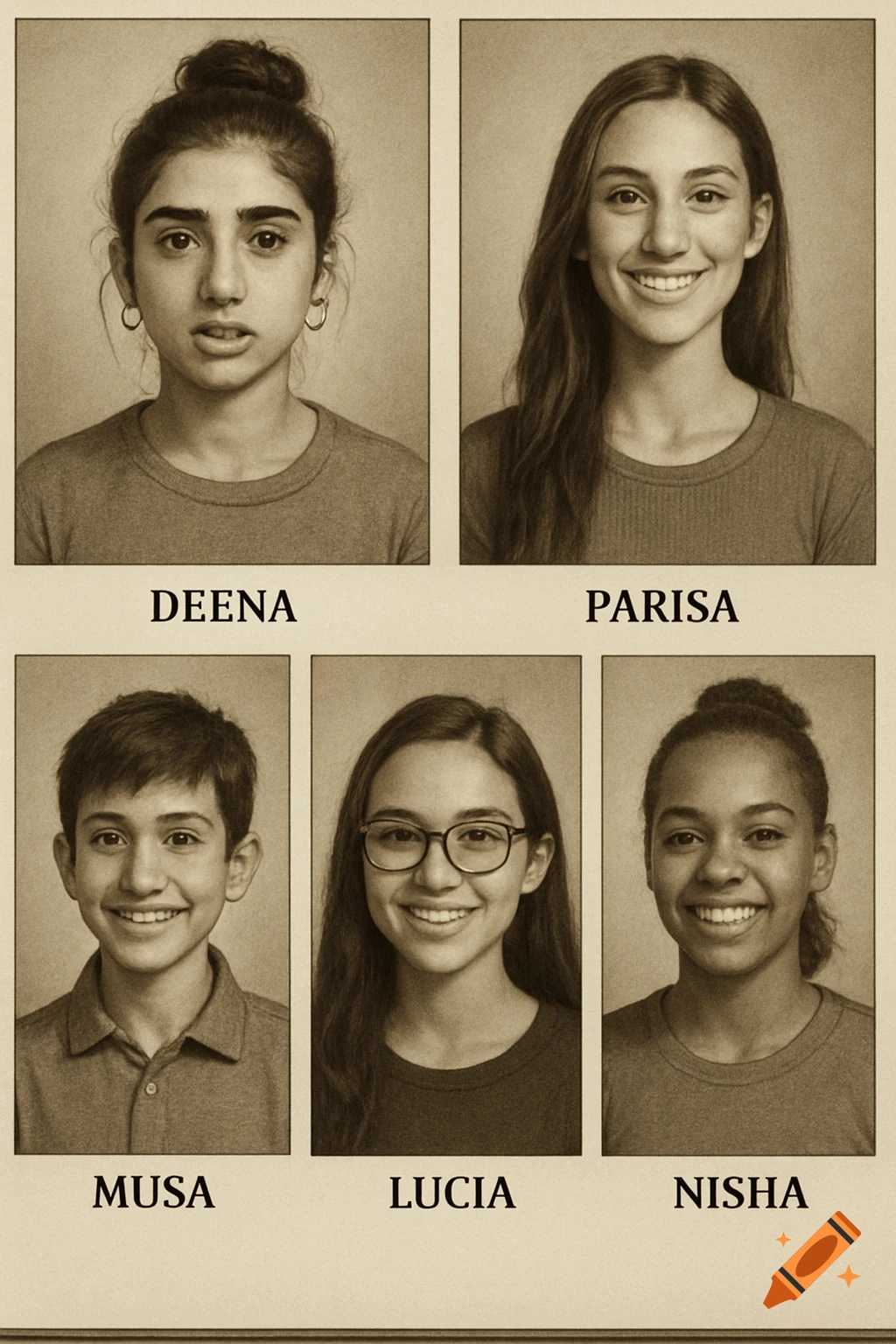 Sepia-toned yearbook portraits of five young people labeled Deena, Parisa, Musa, Lucia, and Nisha.
