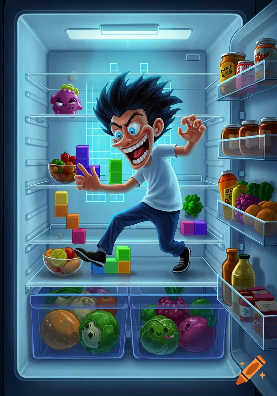 A cartoon character plays Tetris inside a refrigerator filled with food.