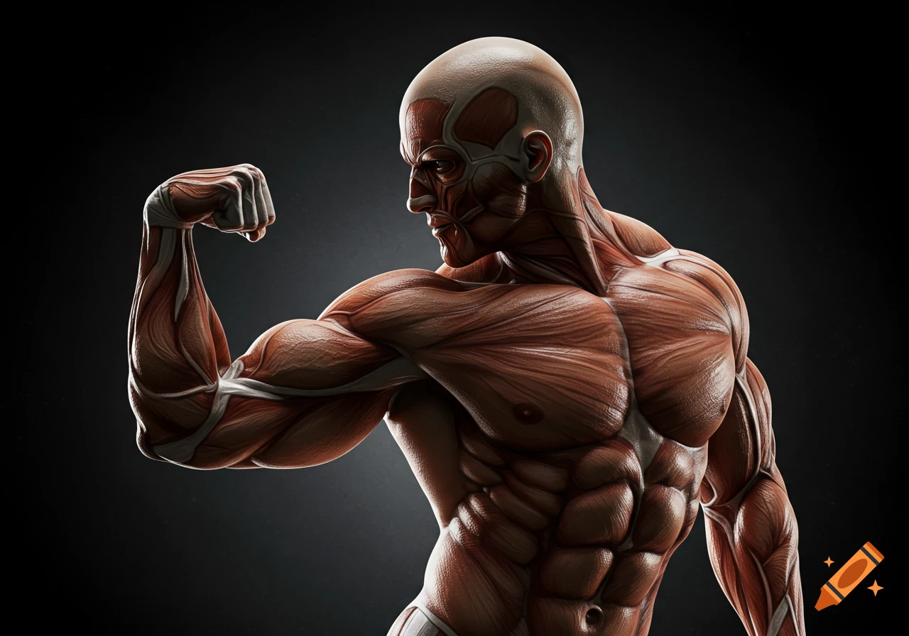 Detailed anatomical rendering of a body flexing muscles.
