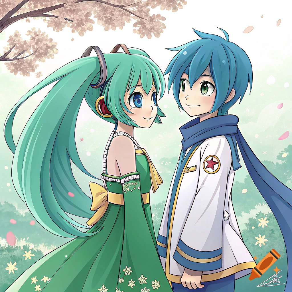 Anime illustration of Hatsune Miku and Kaito standing together in a park with cherry blossoms.