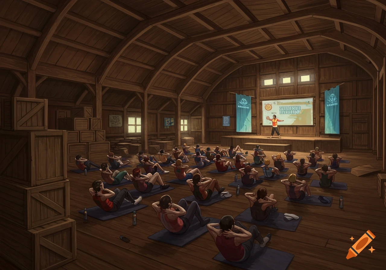 People doing situps on mats in a large wooden hall during a fitness class.