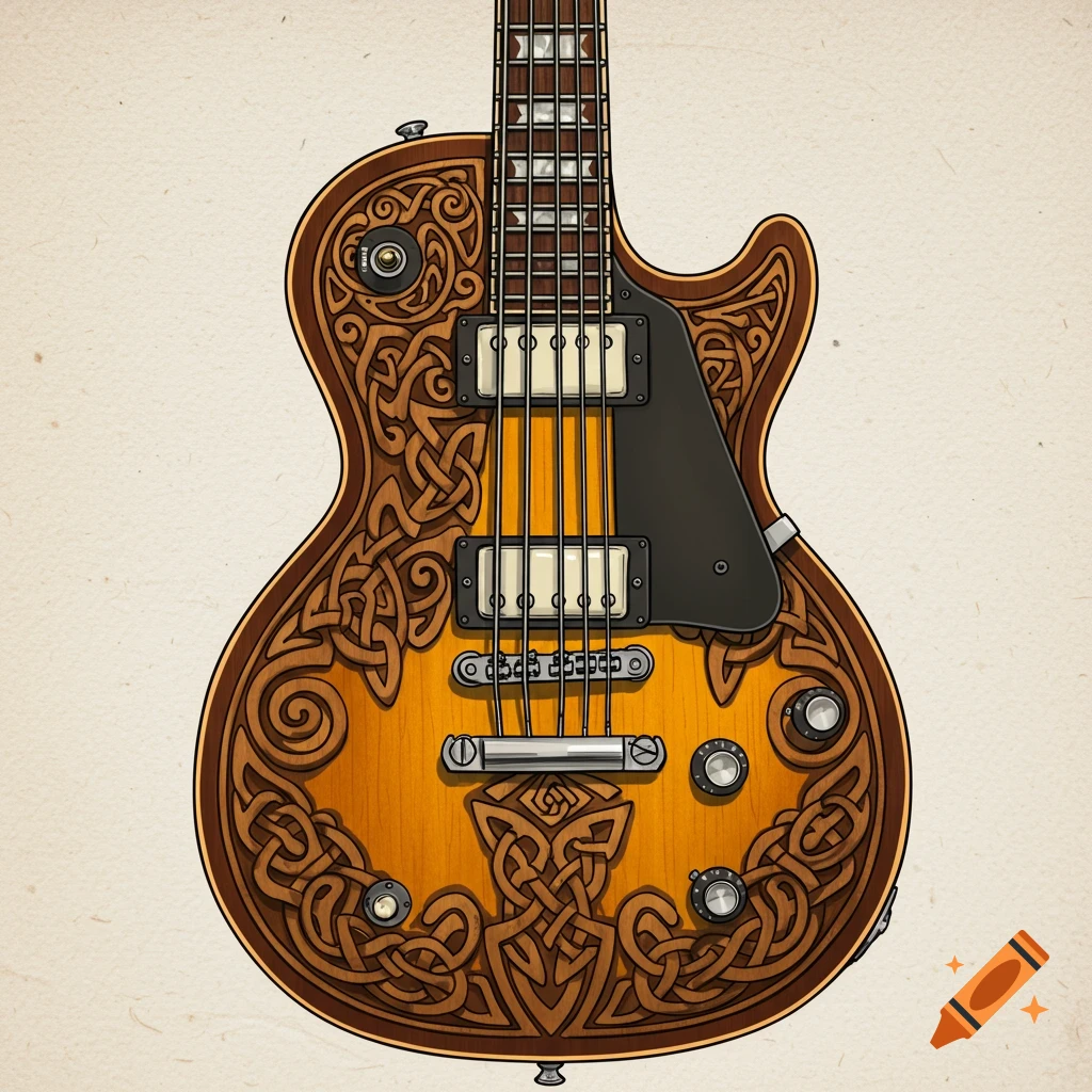 Gibson Les Paul style guitar body with intricate Celtic knotwork carving detail.