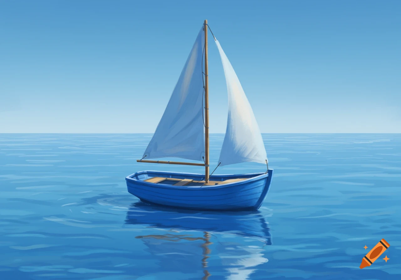 A minimalist illustration of a blue sailboat on calm blue water.