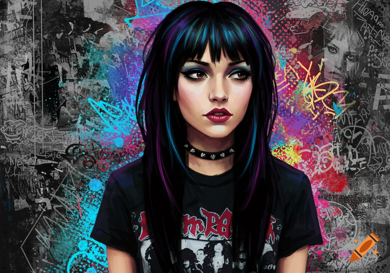 A portrait of a young woman with dark hair and blue/purple streaks, wearing a studded choker and a band t-shirt, against a colorful graffiti background.