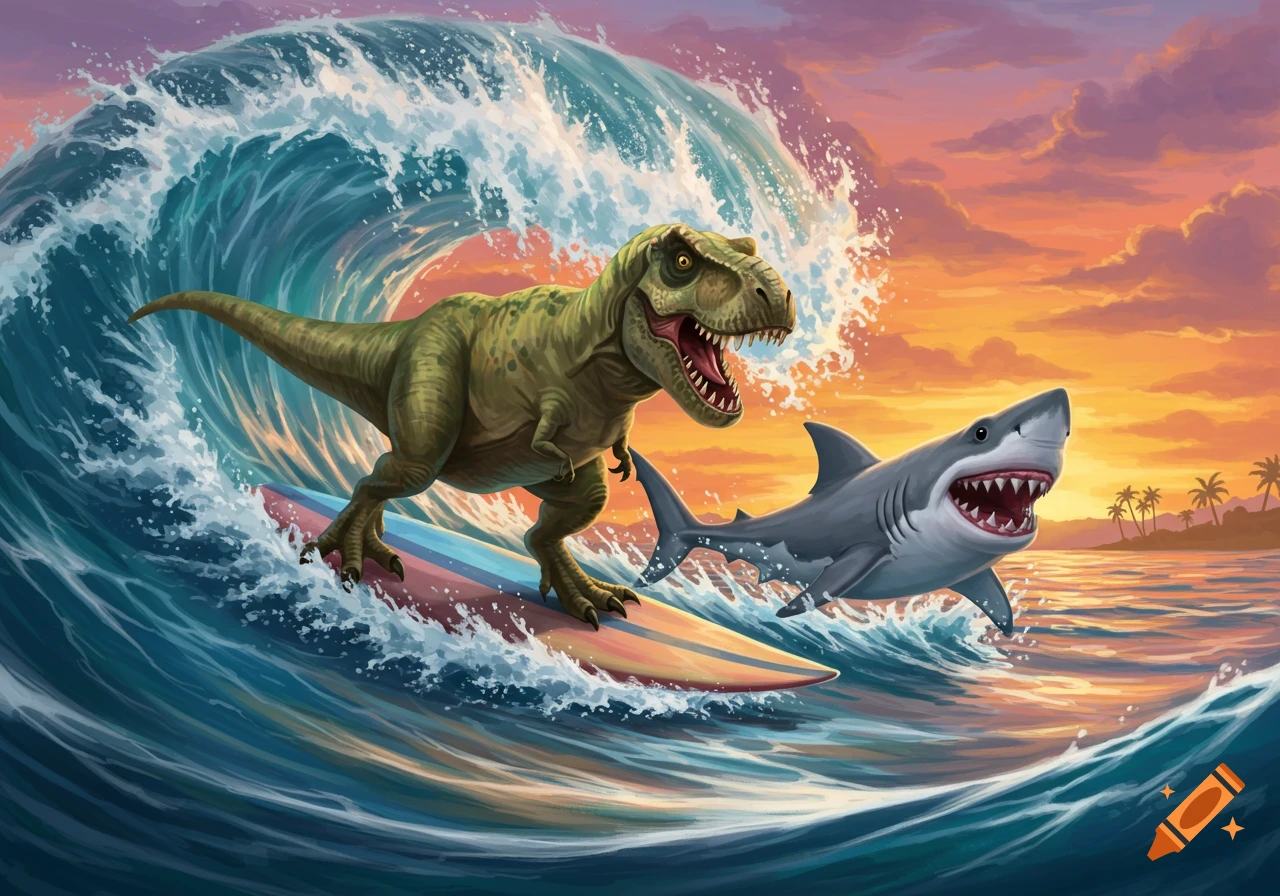 A Tyrannosaurus Rex dinosaur surfs a large wave with a great white shark at sunset, in an illustration style.