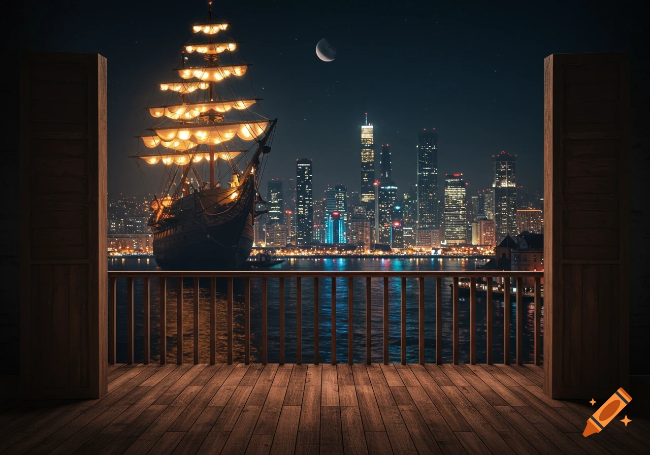 Large sailing ship with glowing sails on water viewed from a wooden balcony with a lit city skyline at night.