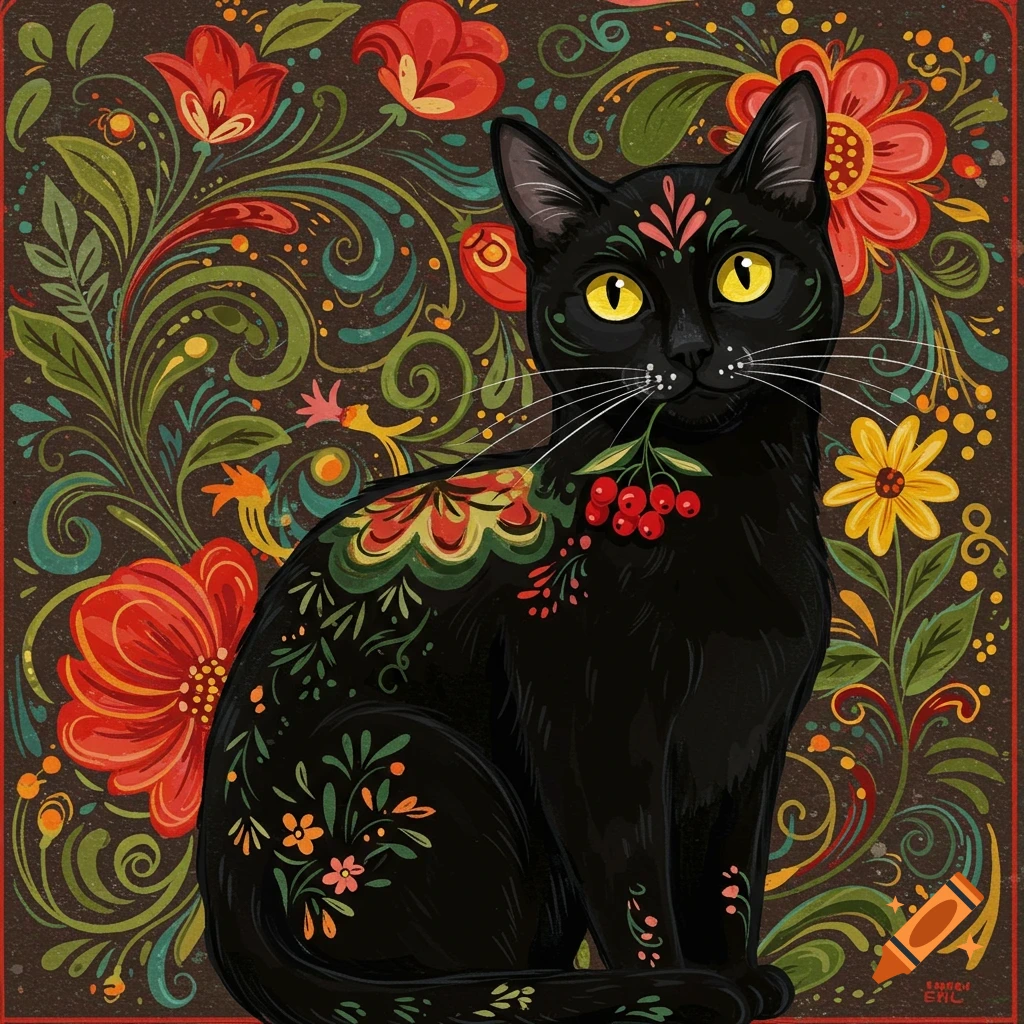A black cat with yellow eyes is decorated with colorful folk art patterns and flowers, set against a dark floral background.