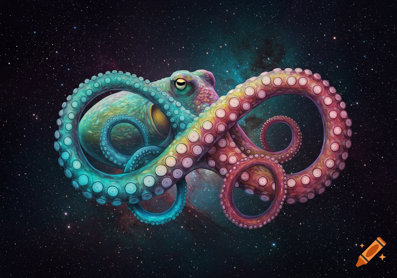 A colorful octopus forms an infinity symbol with its tentacles against a starry space background.