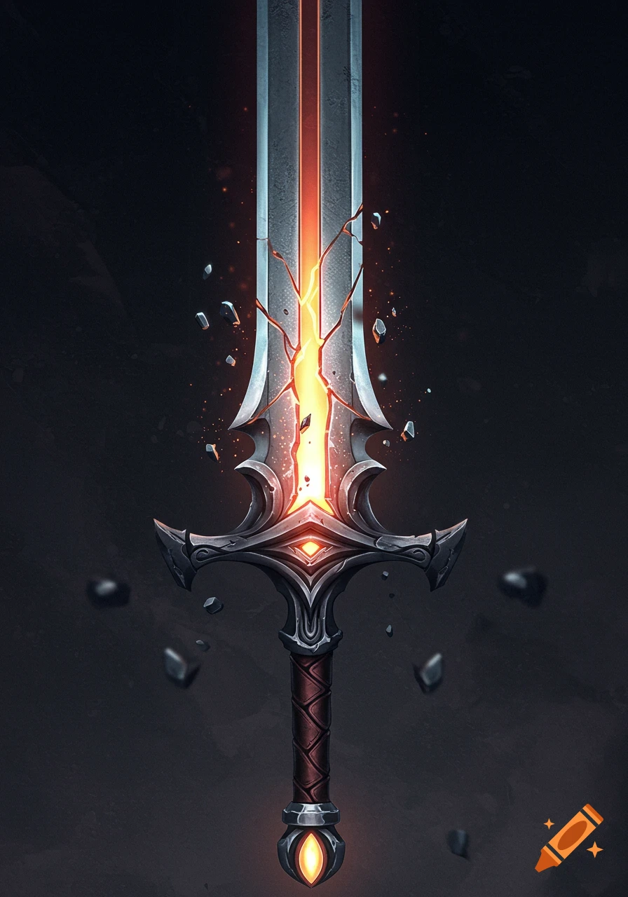Fantasy sword with a cracked blade glowing with orange light on a dark background.