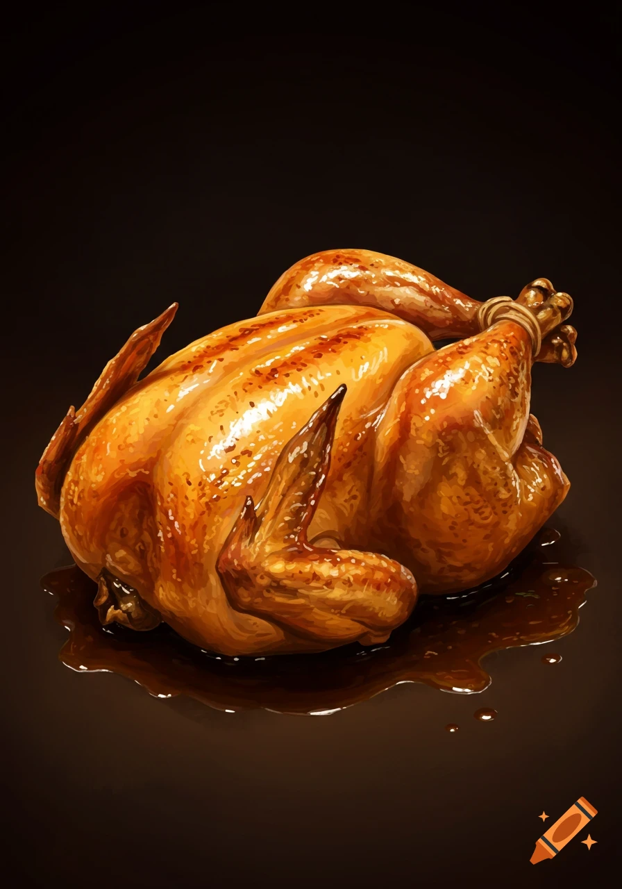 A close-up illustration of a whole roasted chicken sitting in sauce on a dark background.