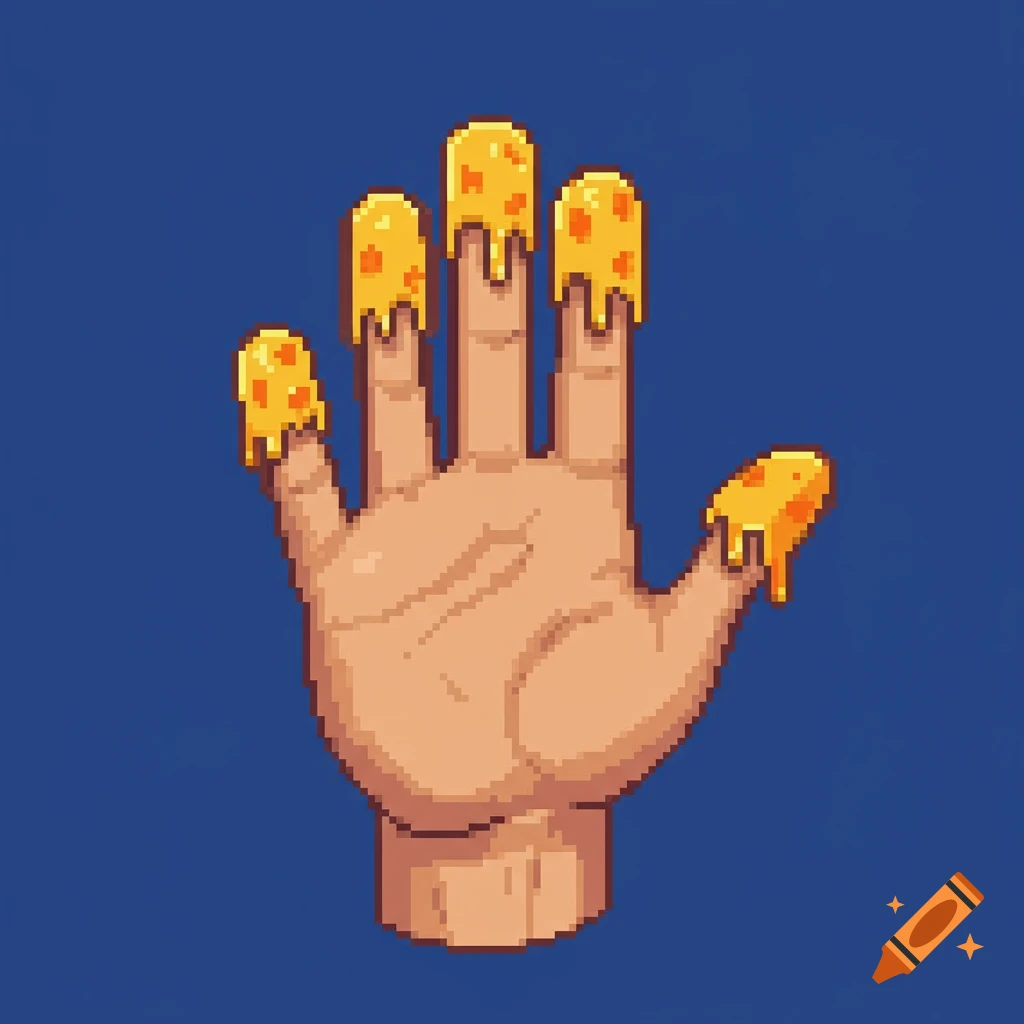 A pixelated hand with cheese slices on the fingertips, dripping slightly, against a blue background.