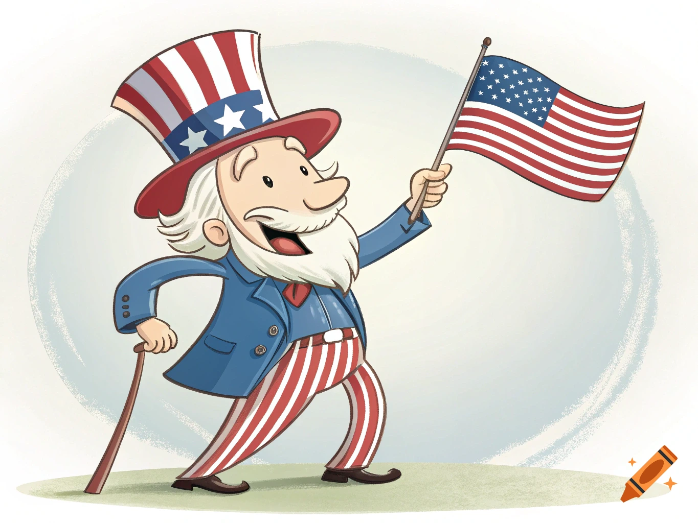 Cartoon of Uncle Sam holding an American flag and a cane.