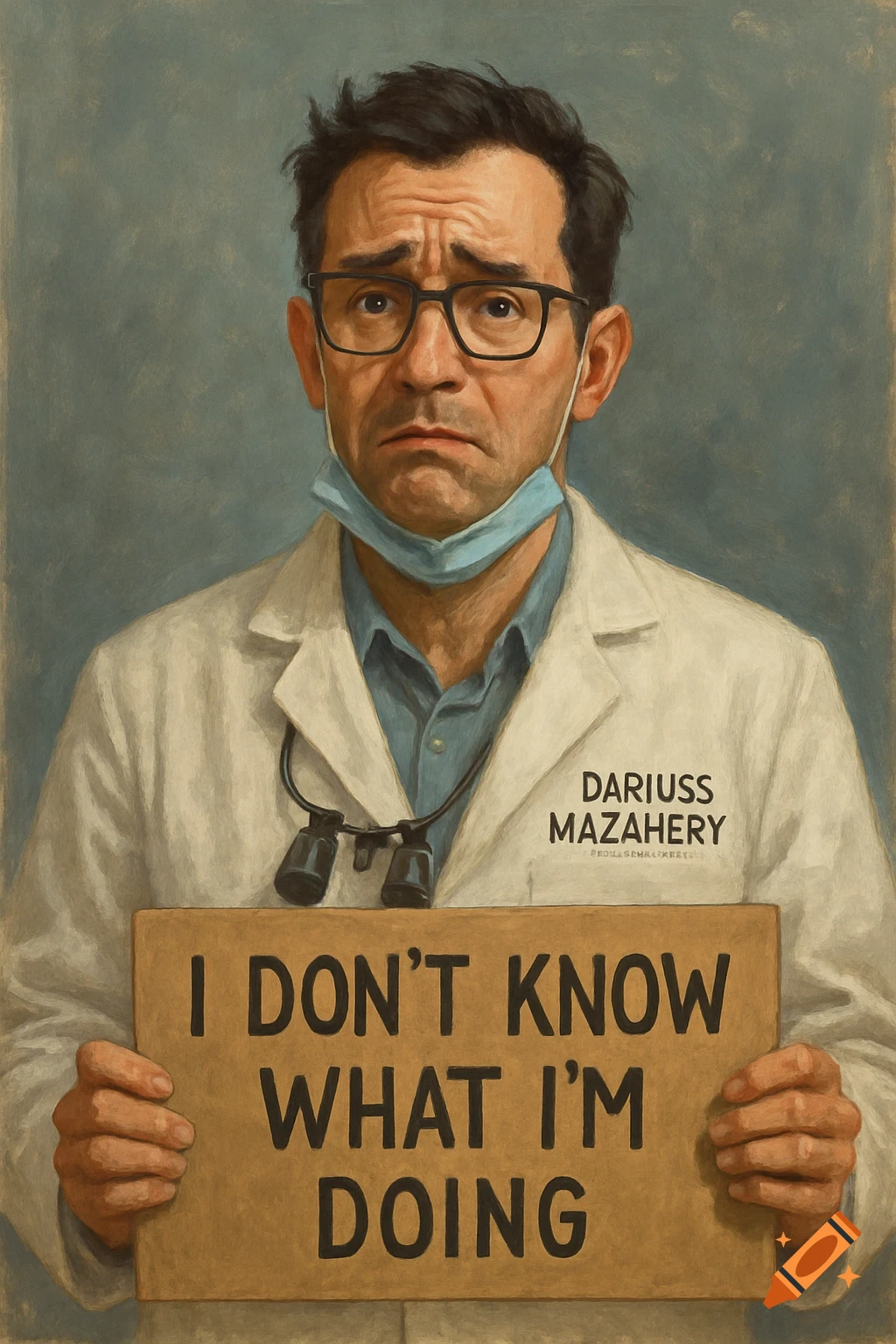 Painted portrait of a doctor or dentist holding a sign that reads 'I DON'T KNOW WHAT I'M DOING'.