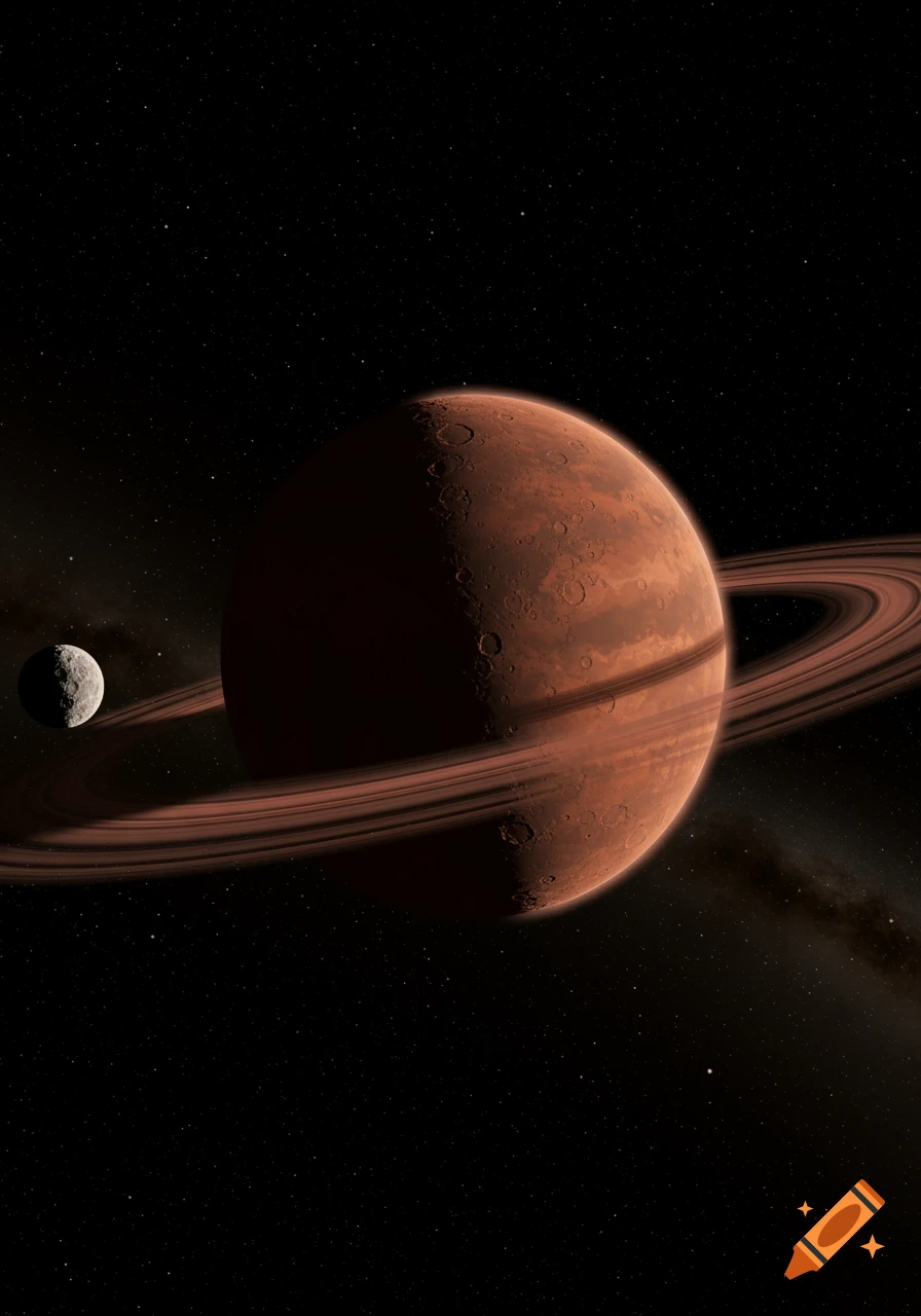 A red planet with prominent rings and a moon against a starfield background.