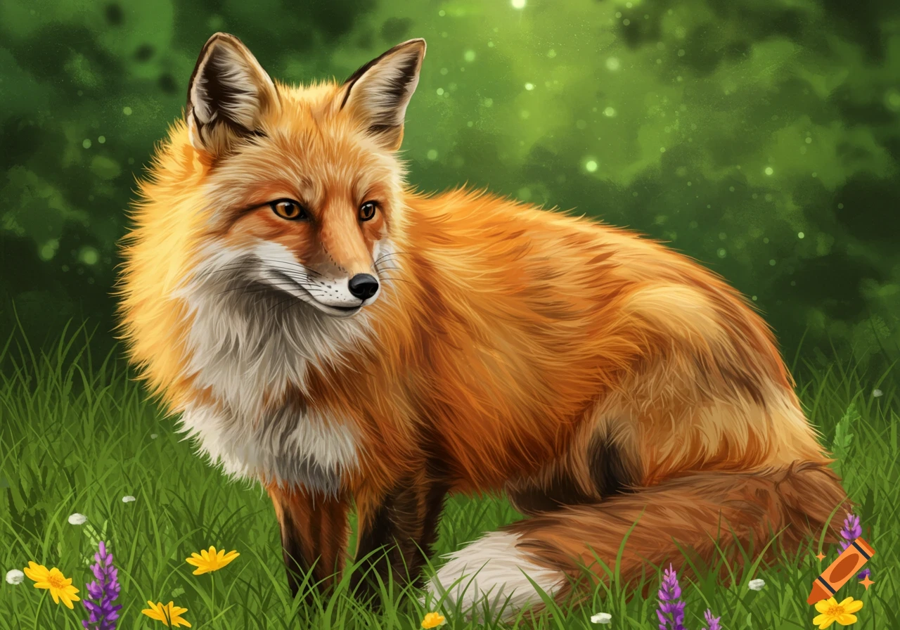 A painted illustration of a fox sitting in a field of grass and wildflowers.