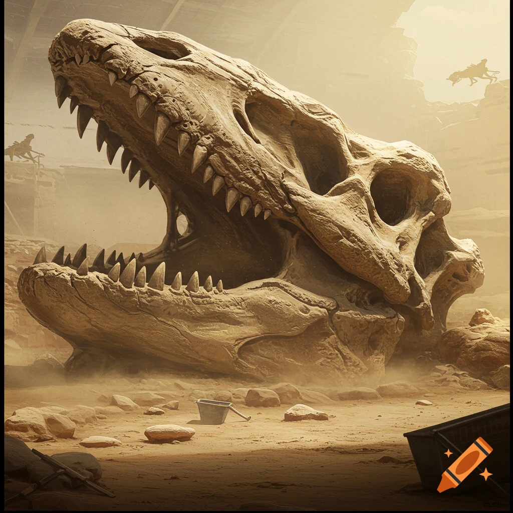 A large, fossilized dinosaur skull lies in the sand at an excavation site.