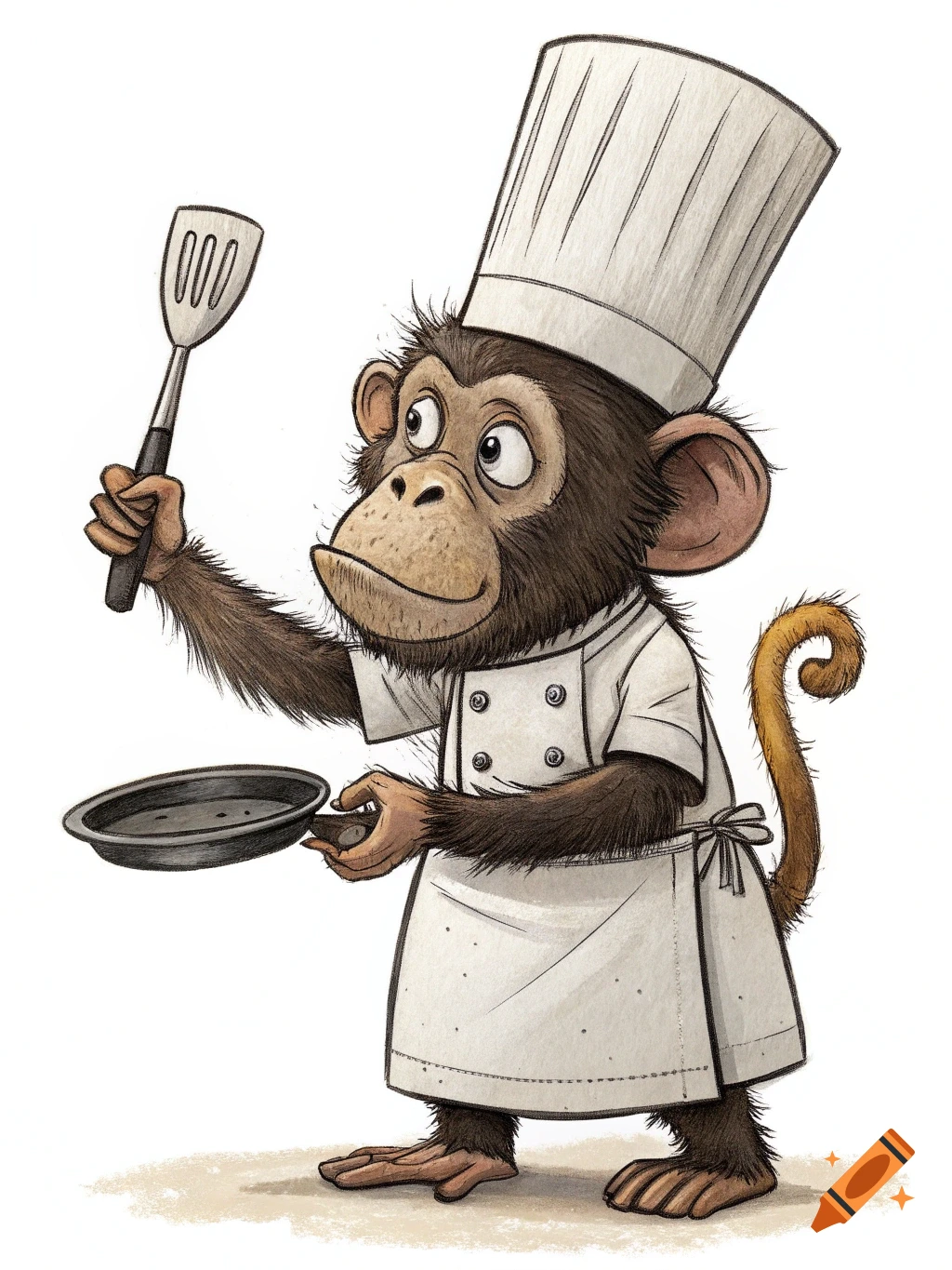 Illustration of a cartoon monkey wearing a chef's hat and coat, holding a spatula and frying pan.
