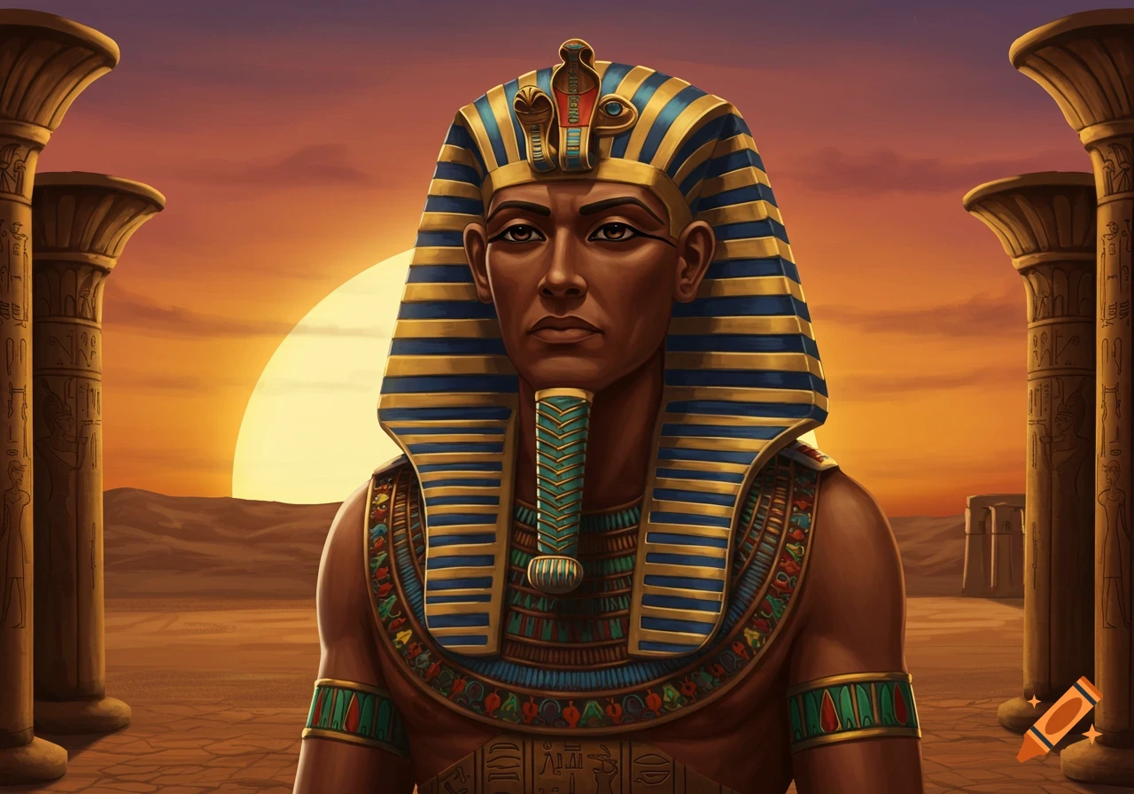 Portrait of an Egyptian Pharaoh against a desert sunset with columns.