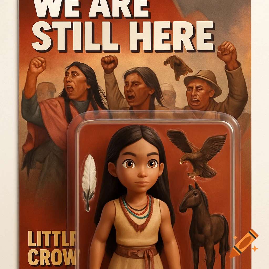 Action figure packaging with a Native American girl and background protestors.