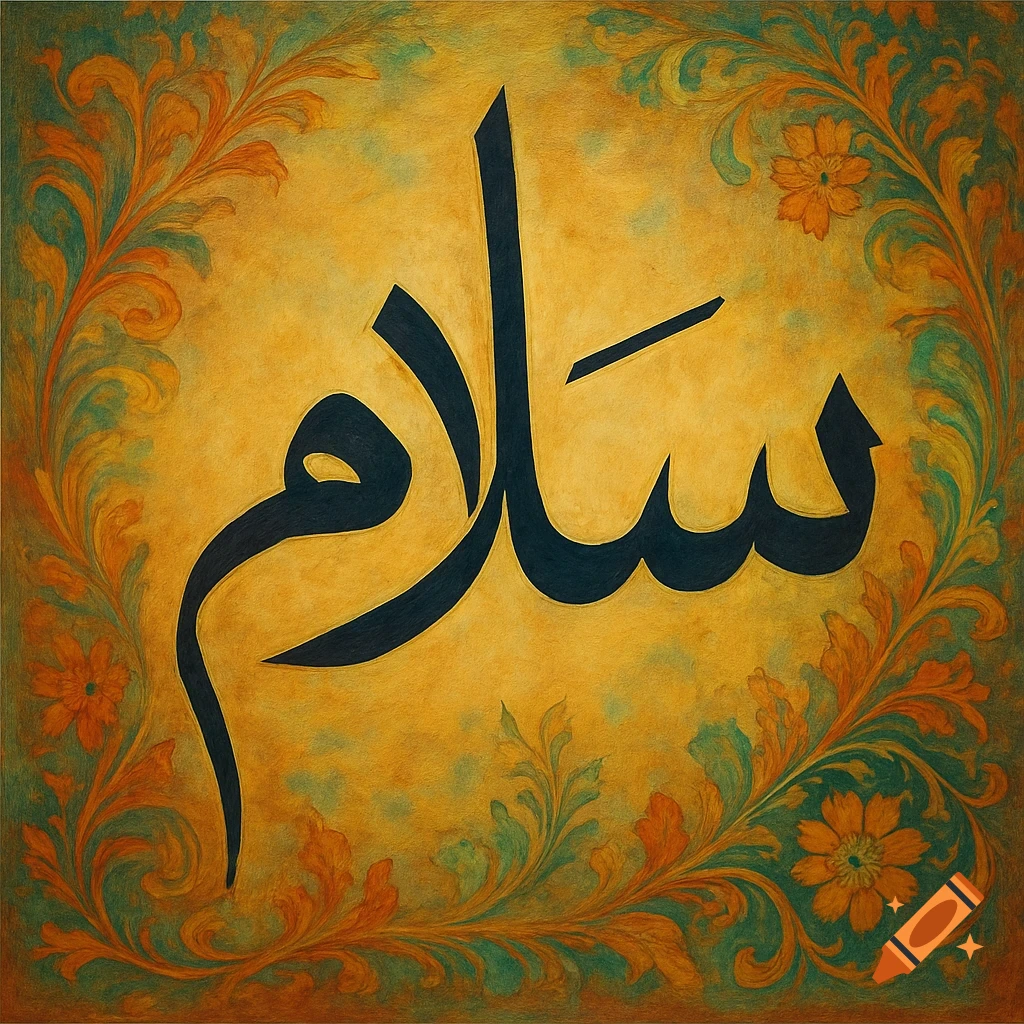 Arabic calligraphy of the word Salam framed by floral patterns on a textured background.