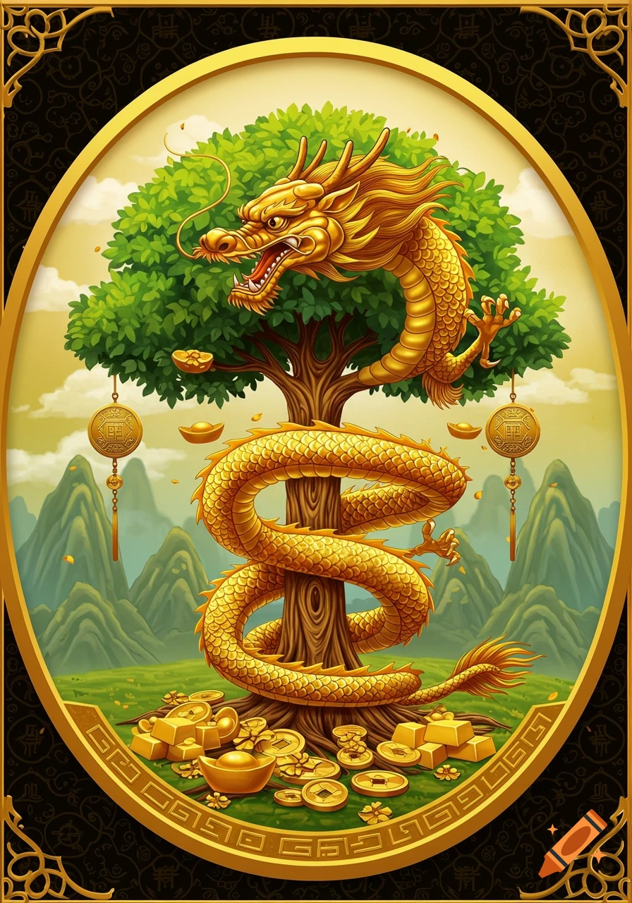A golden dragon is wrapped around a tree with treasure around its base, mountains in the background, framed by an ornate border.