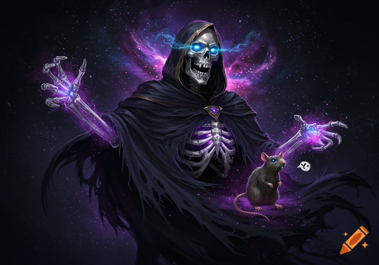 A skeletal lich with glowing blue eyes and a black cape stands with a rat familiar amidst purple cosmic magic.