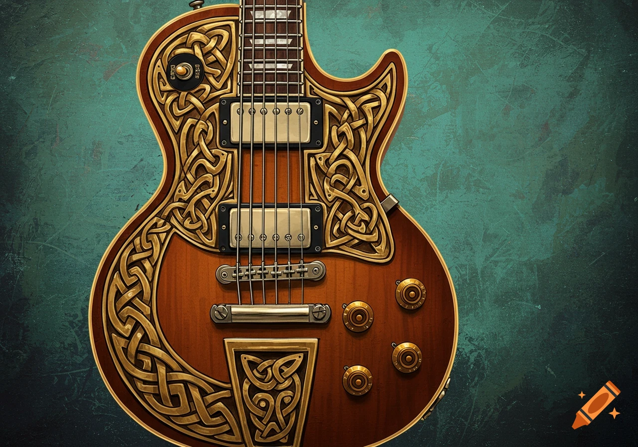 Close-up of a brown guitar with intricate gold celtic knotwork design