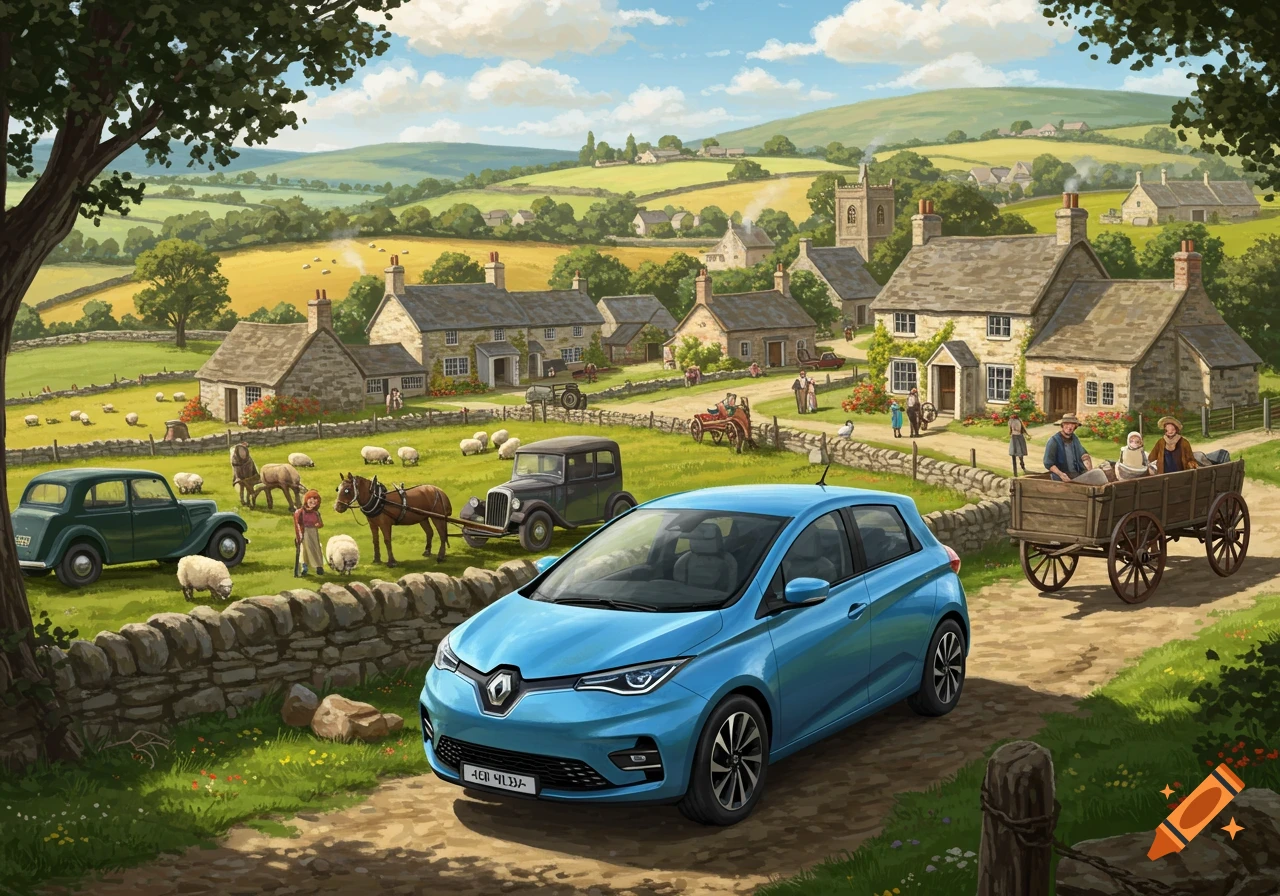 Illustration of a modern blue electric car parked in a traditional countryside village scene with old cars, people, sheep, and rolling hills.
