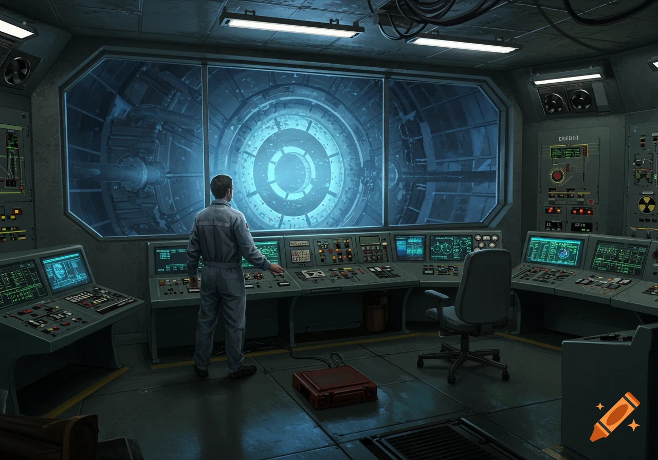 A person stands in a futuristic control room looking out a window at a glowing reactor core.
