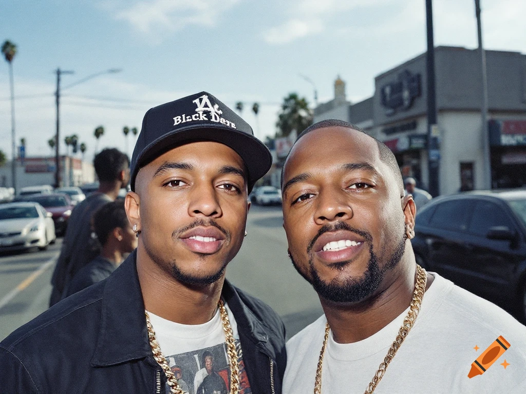 Two men wearing gold chains pose on a street