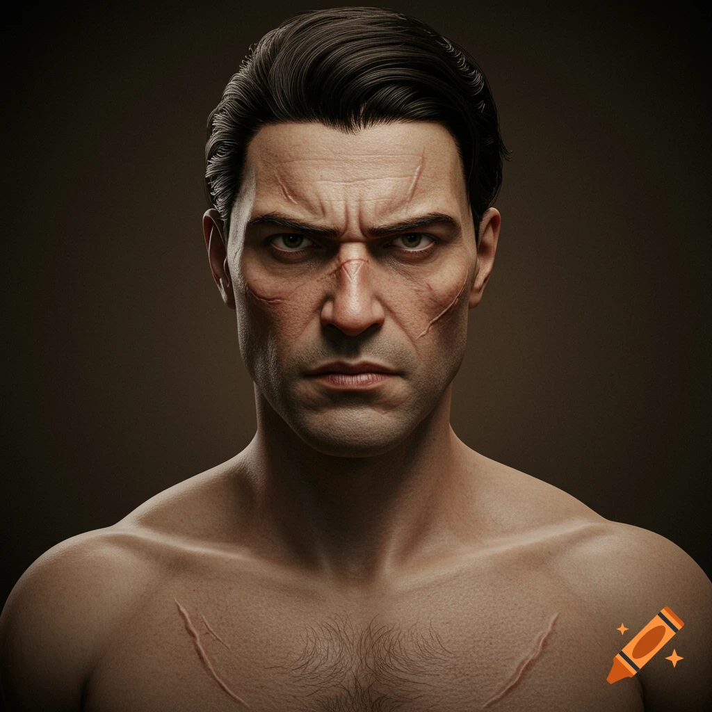 Realistic headshot of a man with slicked-back dark hair, a stern face, and prominent scars across his face and chest.