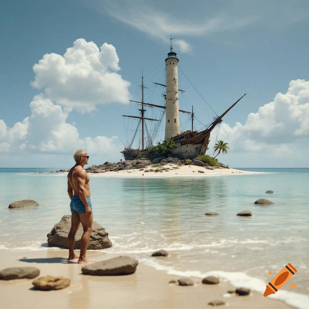 Man on a beach looks at a shipwreck and lighthouse on an island.