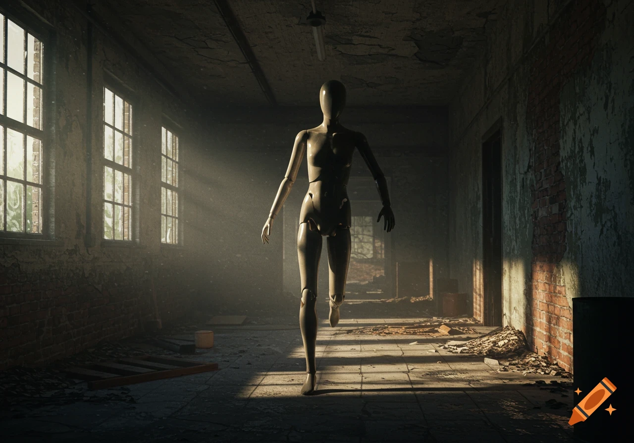 A mannequin runs down a dusty, sunlit hallway in an abandoned building.