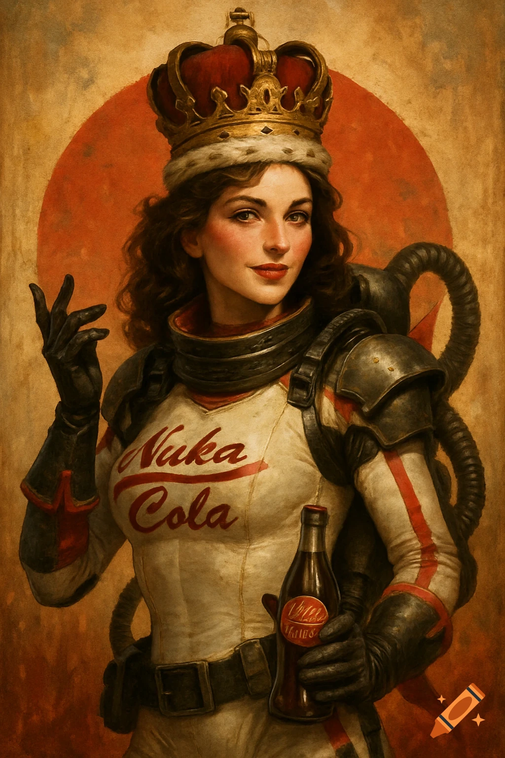 A woman wearing a Nuka Cola shirt and a crown holds a bottle of Nuka Cola in a vintage poster style.