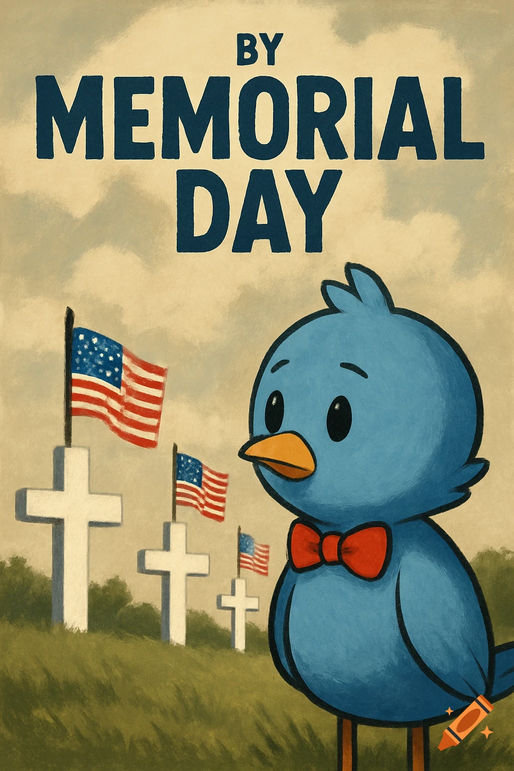 A cartoon blue bird stands in front of crosses and American flags in a cemetery with text 'BY MEMORIAL DAY'.