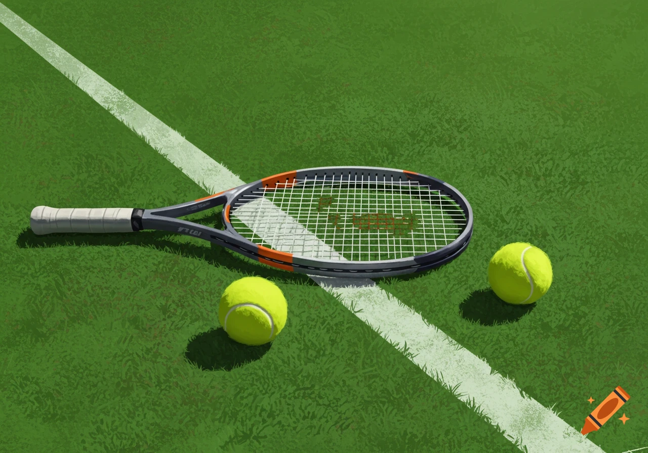 An illustration of a tennis racquet and two tennis balls lying on a green court.