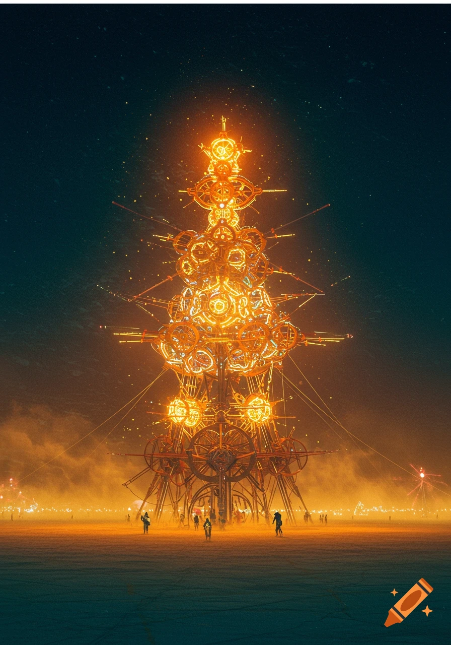 Tall, intricate golden light sculpture at night in an open area with distant figures.