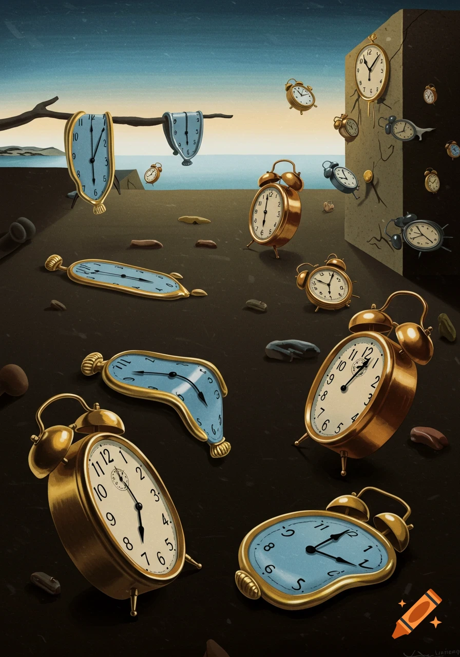 Surreal landscape with melting and scattered alarm clocks, similar to Salvador Dali's Persistence of Memory.