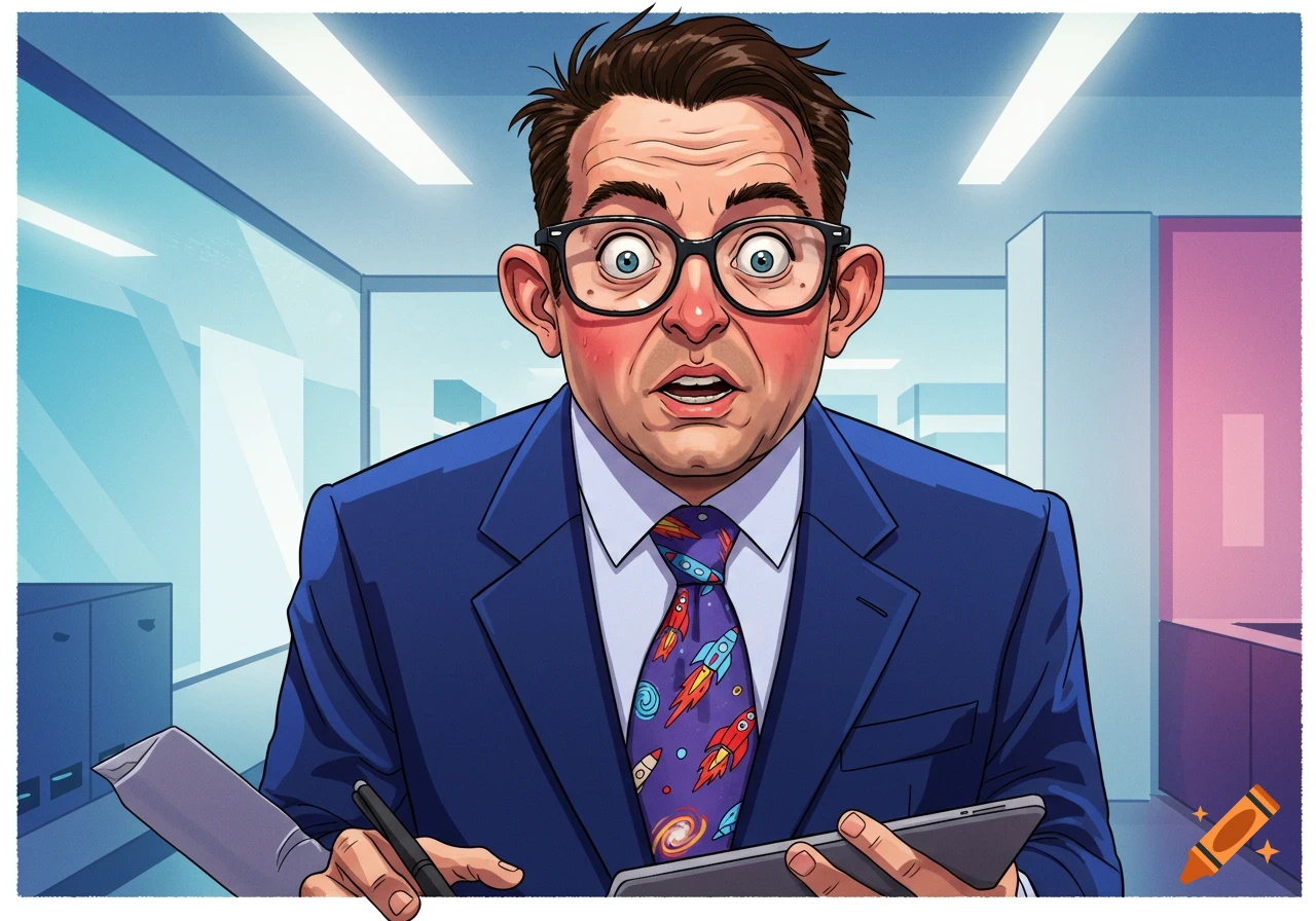 Cartoon illustration of a wide-eyed businessman in glasses and a suit with a rocket tie, holding a tablet and pen in an office.