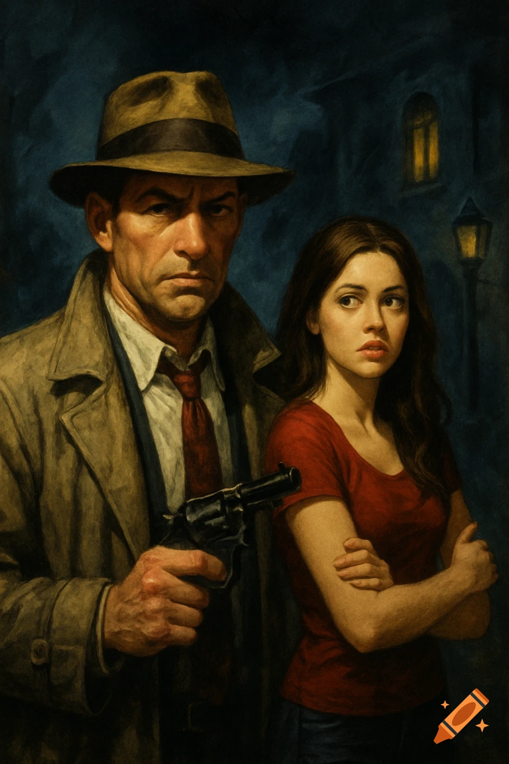 Pulp illustration of a detective and a woman in a dark, mysterious setting.