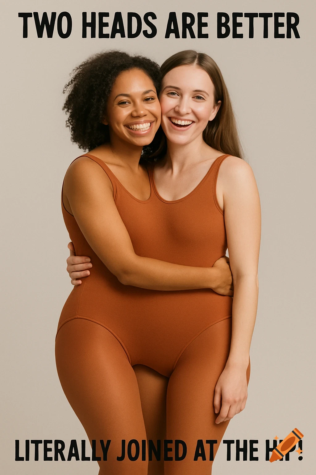 Two women smile and hug, appearing to merge into a single body, wearing rust-colored leotards. Text: 'TWO HEADS ARE BETTER LITERALLY JOINED AT THE HIP!'