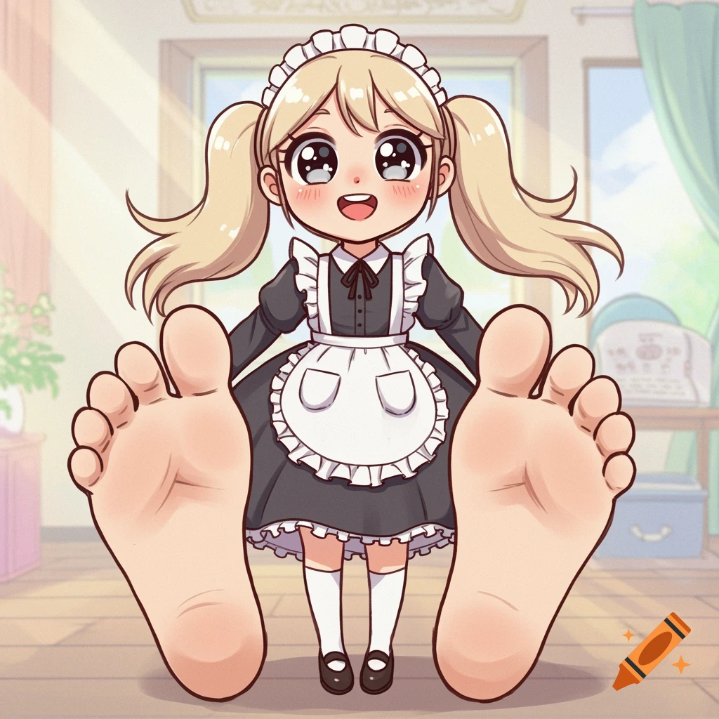 Cartoon anime girl maid with pigtails and very large feet in the foreground