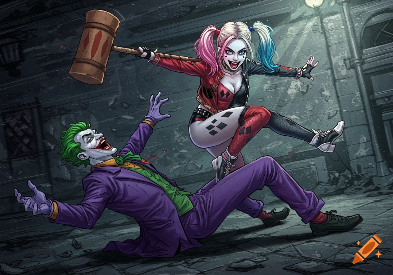 Harley Quinn swings a giant mallet at a falling Joker in a comic book illustration style.